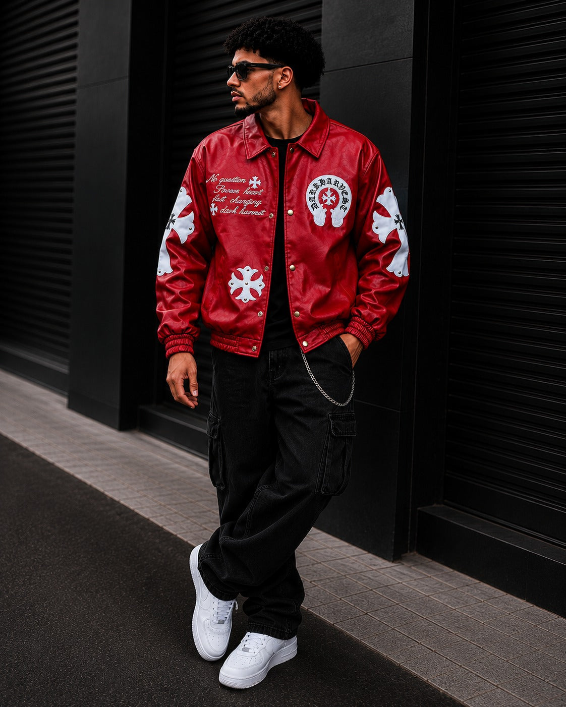 (CJ-19) Men's  Gothic Cross Patched Leather Streetwear Jacket