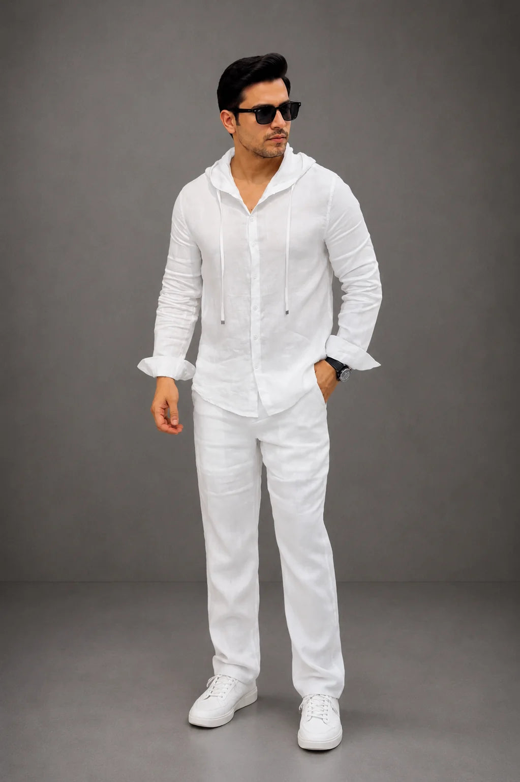 LI-135  | Men's Summer White Linen Hoodie Shirt & Trouser Set
