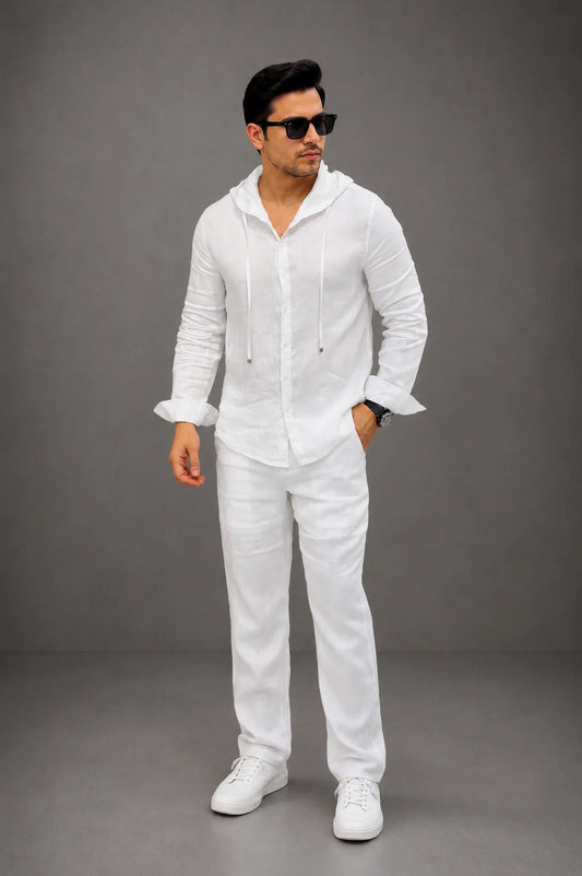 LI-135  | Men's Summer White Linen Hoodie Shirt & Trouser Set