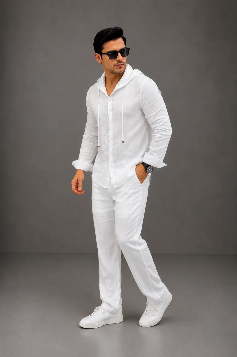 LI-135  | Men's Summer White Linen Hoodie Shirt & Trouser Set