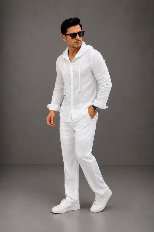 LI-135  | Men's Summer White Linen Hoodie Shirt & Trouser Set