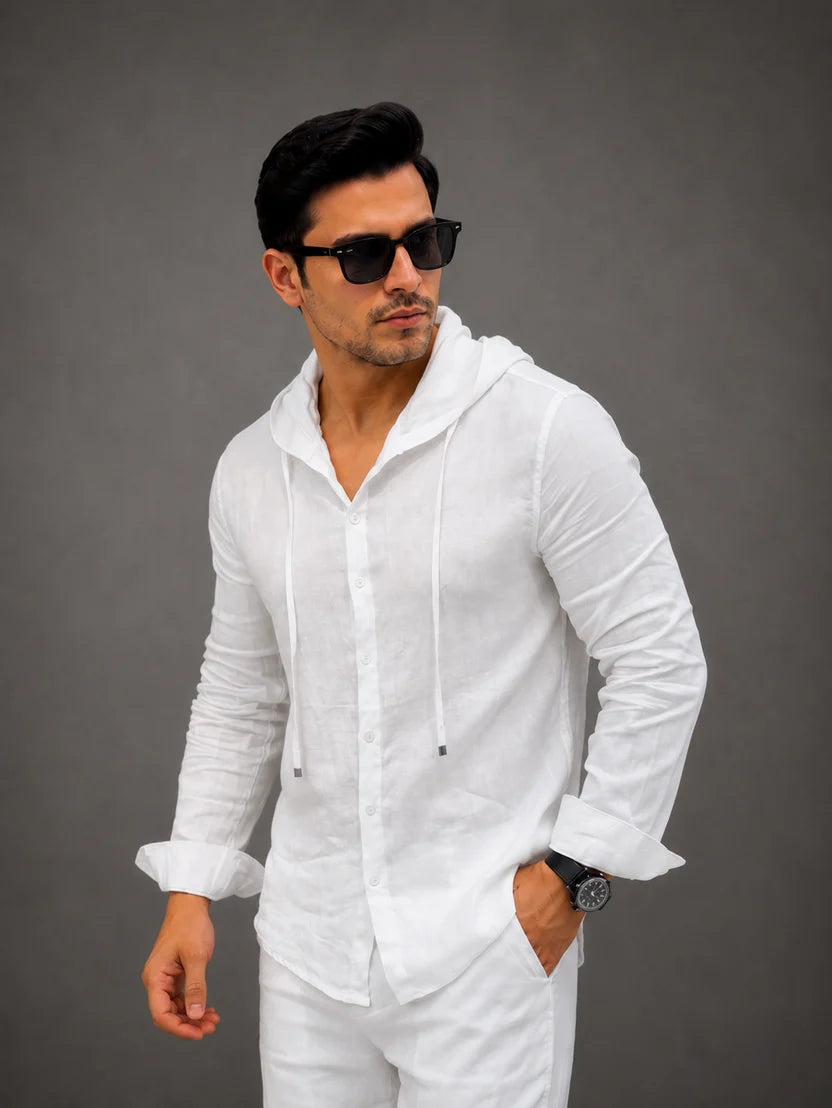 LI-135  | Men's Summer White Linen Hoodie Shirt & Trouser Set