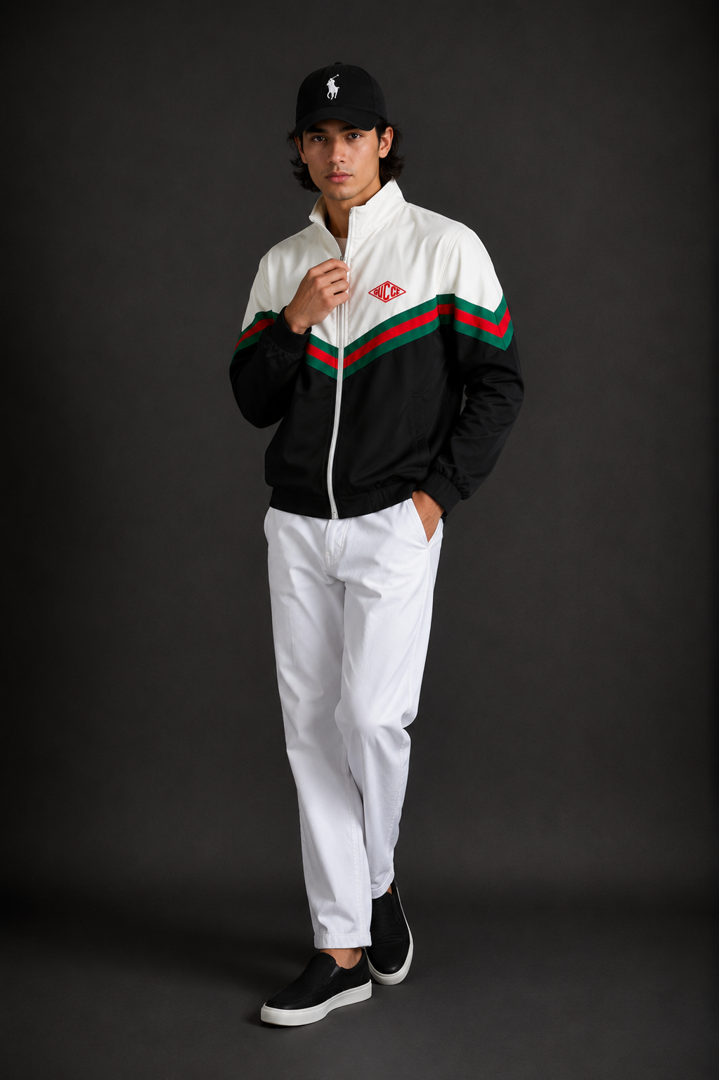 (CJ-7) Premium Men's Color Block Zip-Up Jacket –  with Signature Green-Red Stripe