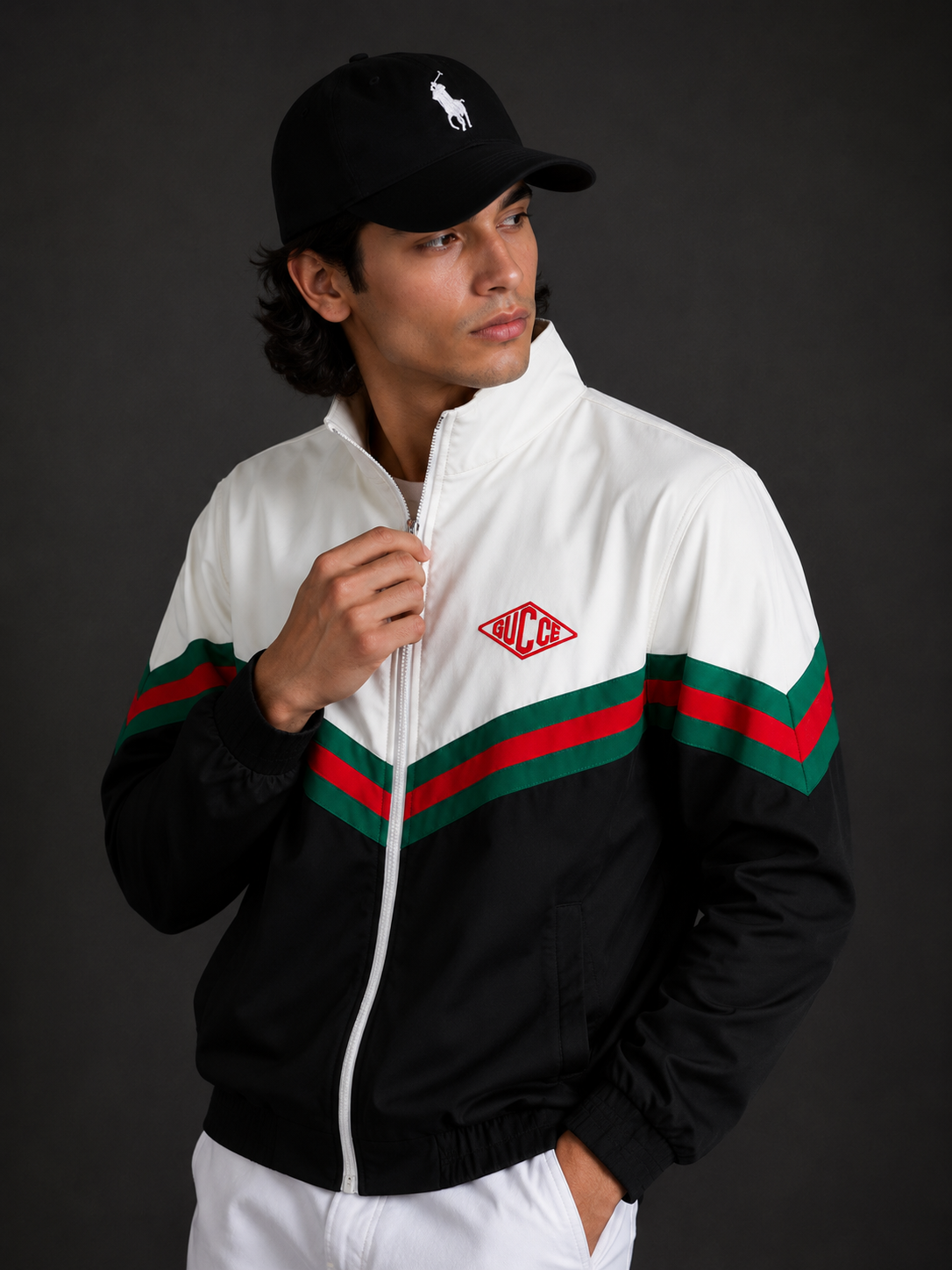 (CJ-7) Premium Men's Color Block Zip-Up Jacket –  with Signature Green-Red Stripe