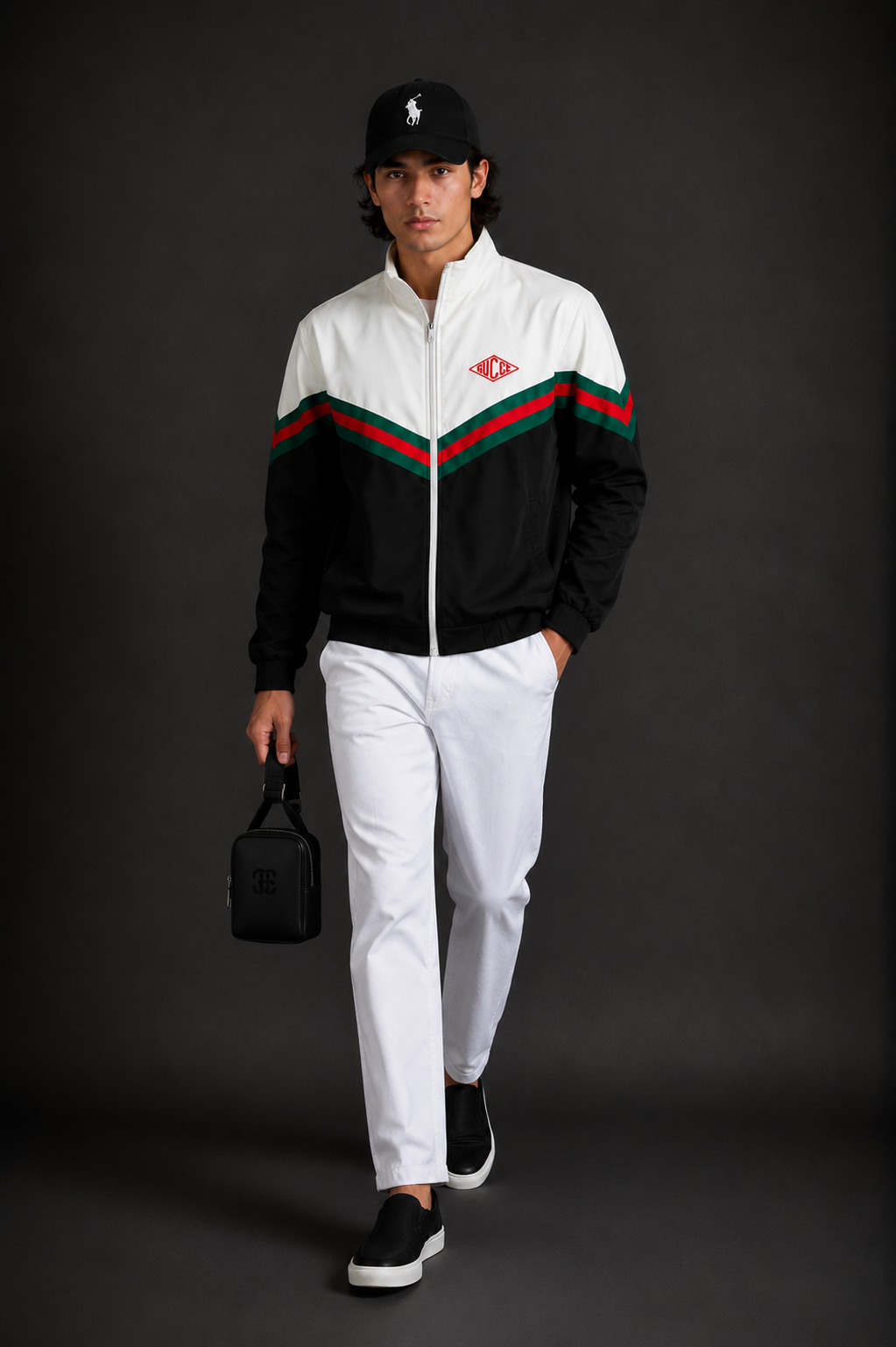 (CJ-7) Premium Men's Color Block Zip-Up Jacket –  with Signature Green-Red Stripe