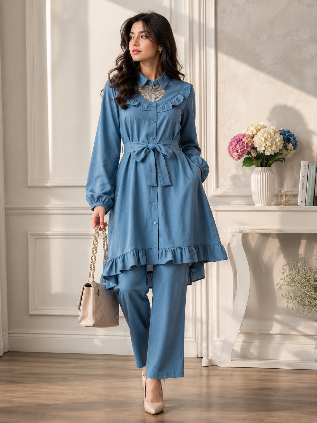 Women's Premium Ruffle Front Belted Co-Ord Set – High Low Shirt Kurti with Trouser (C-1)
