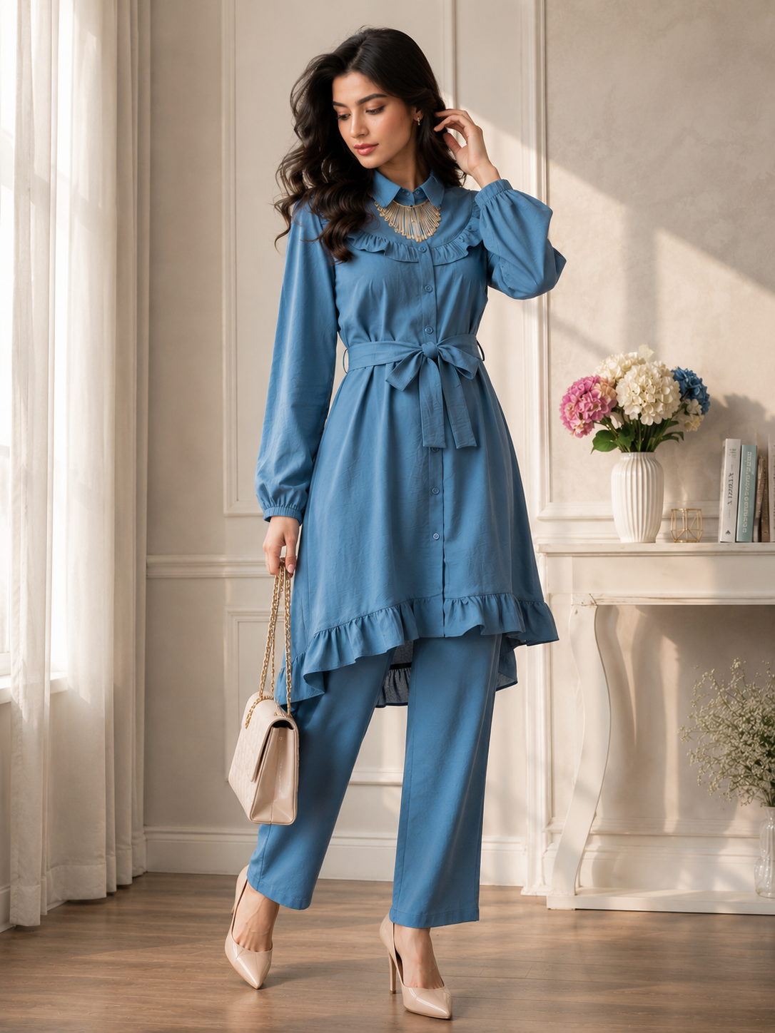 Women's Premium Ruffle Front Belted Co-Ord Set – High Low Shirt Kurti with Trouser (C-1)
