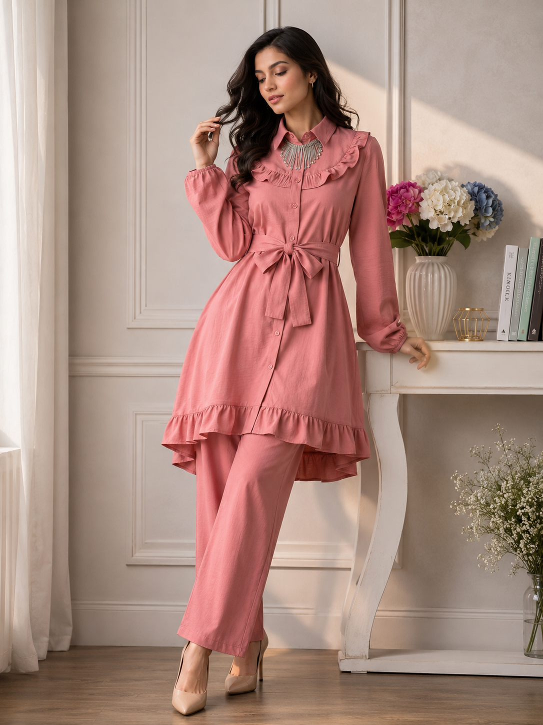 Women's Premium Ruffle Front Belted Co-Ord Set – High Low Shirt Kurti with Trouser (C-1)