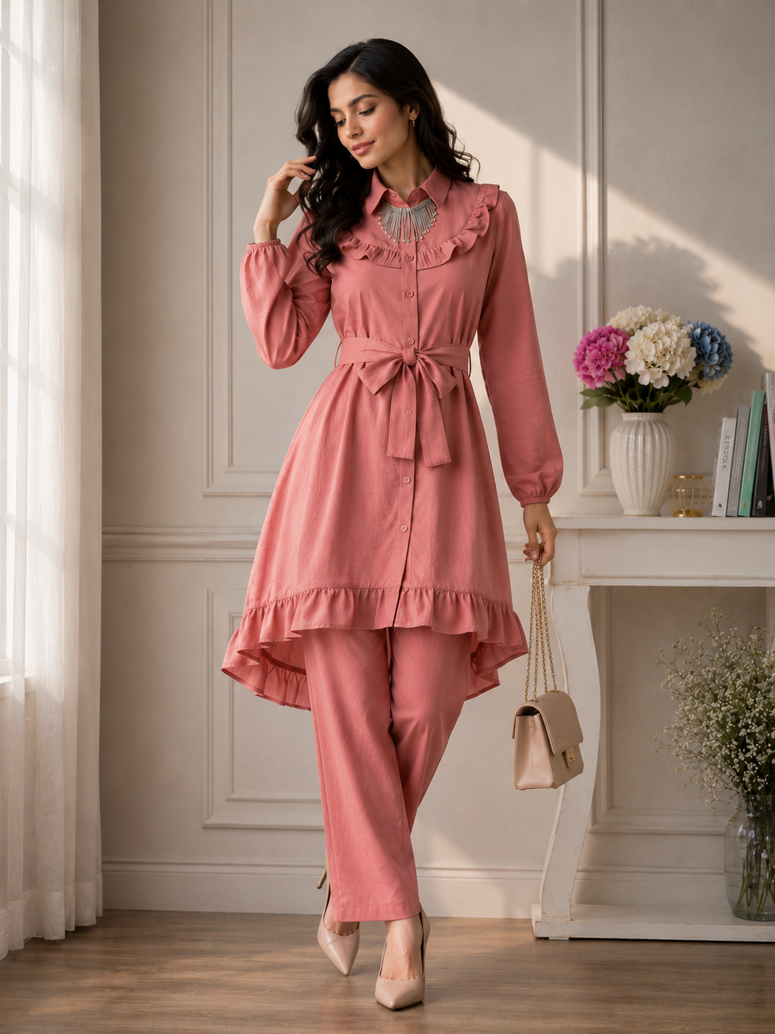 Women's Premium Ruffle Front Belted Co-Ord Set – High Low Shirt Kurti with Trouser (C-1)