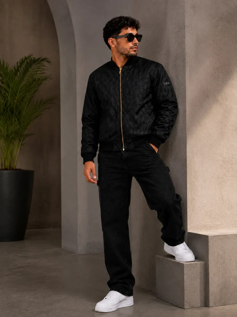 (CJ-31) Men's Bomber Jacket and Wide-Leg Denim Outfit Set