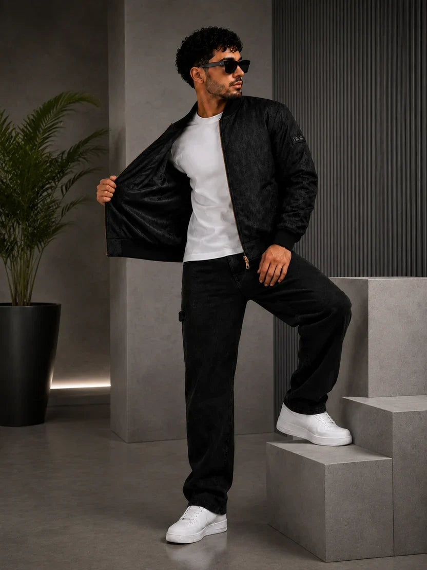 (CJ-31) Men's Bomber Jacket and Wide-Leg Denim Outfit Set