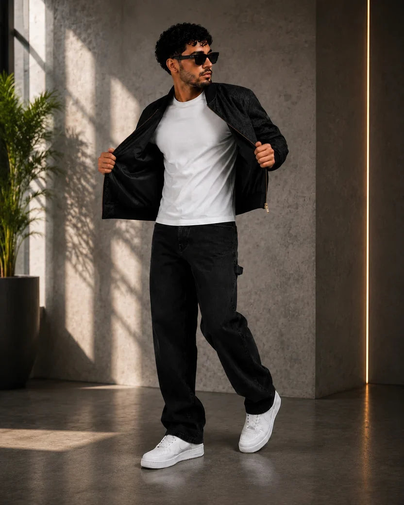 (CJ-31) Men's Bomber Jacket and Wide-Leg Denim Outfit Set