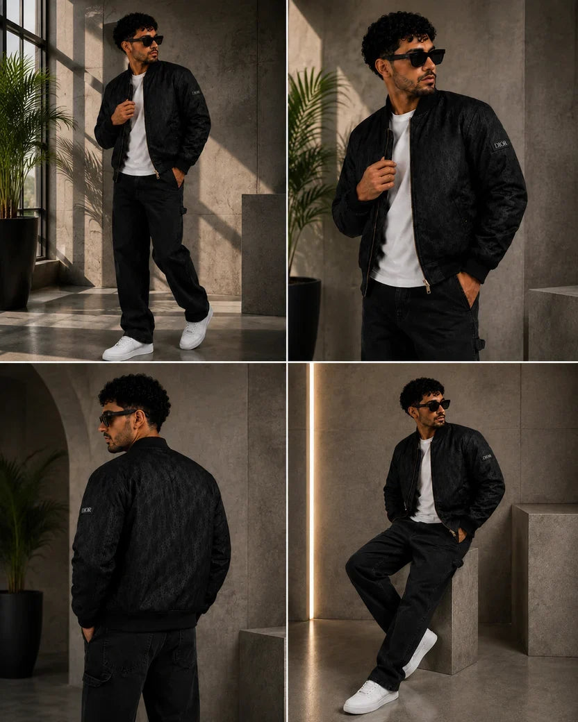 (CJ-31) Men's Bomber Jacket and Wide-Leg Denim Outfit Set
