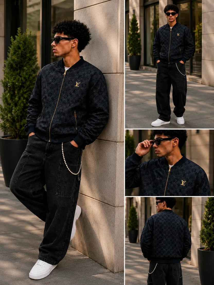 (CJ-14) Premium Monogram Bomber Jacket – Navy Blue Luxury Streetwear