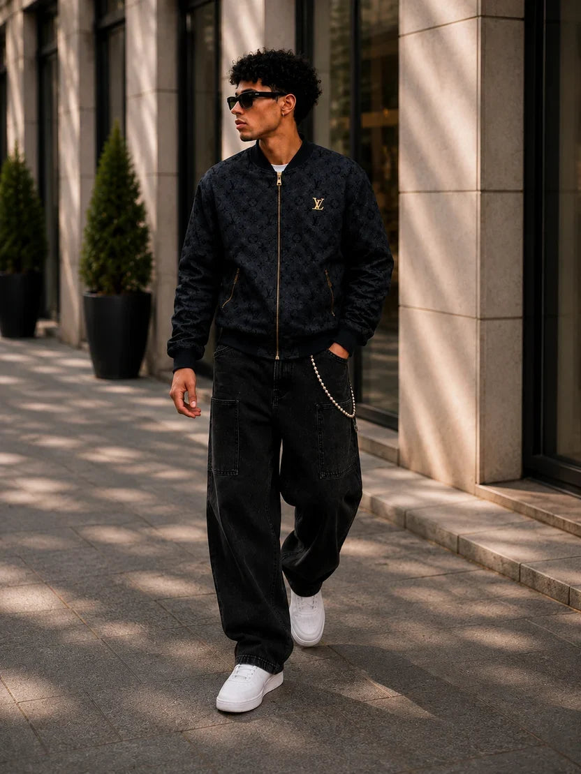 (CJ-14) Premium Monogram Bomber Jacket – Navy Blue Luxury Streetwear