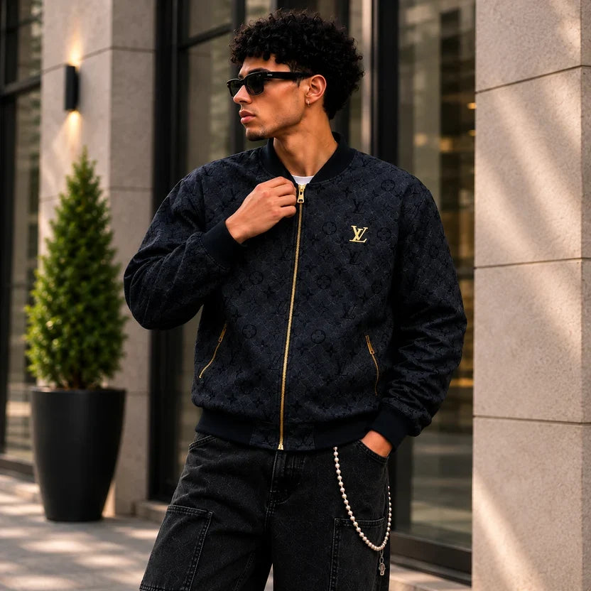 (CJ-14) Premium Monogram Bomber Jacket – Navy Blue Luxury Streetwear