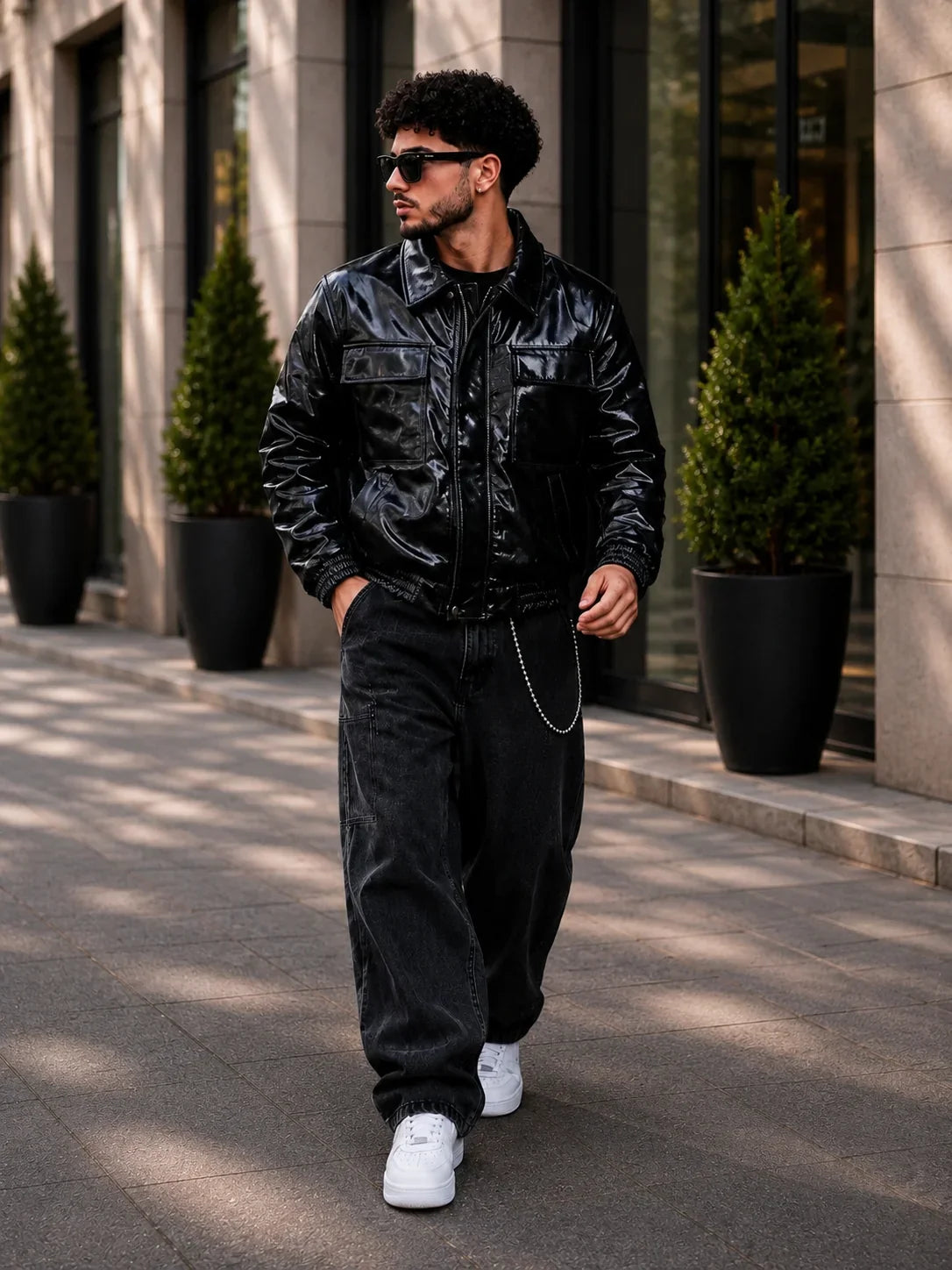 (CJ-17) Shiny Faux Leather Bomber Jacket