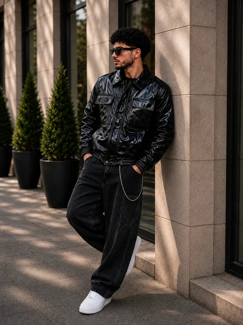 (CJ-17) Shiny Faux Leather Bomber Jacket
