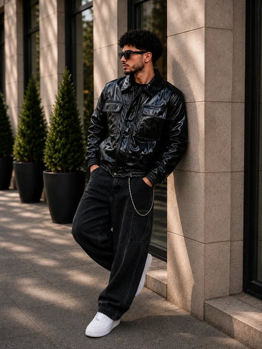 (CJ-17) Shiny Faux Leather Bomber Jacket