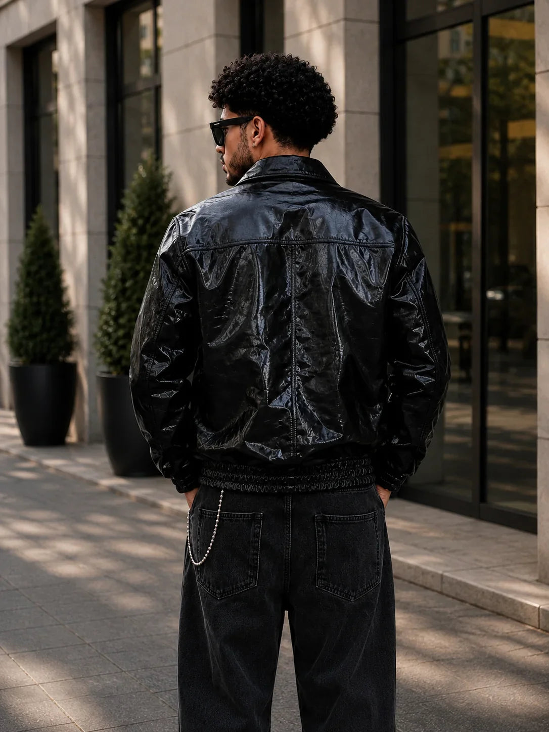 (CJ-17) Shiny Faux Leather Bomber Jacket