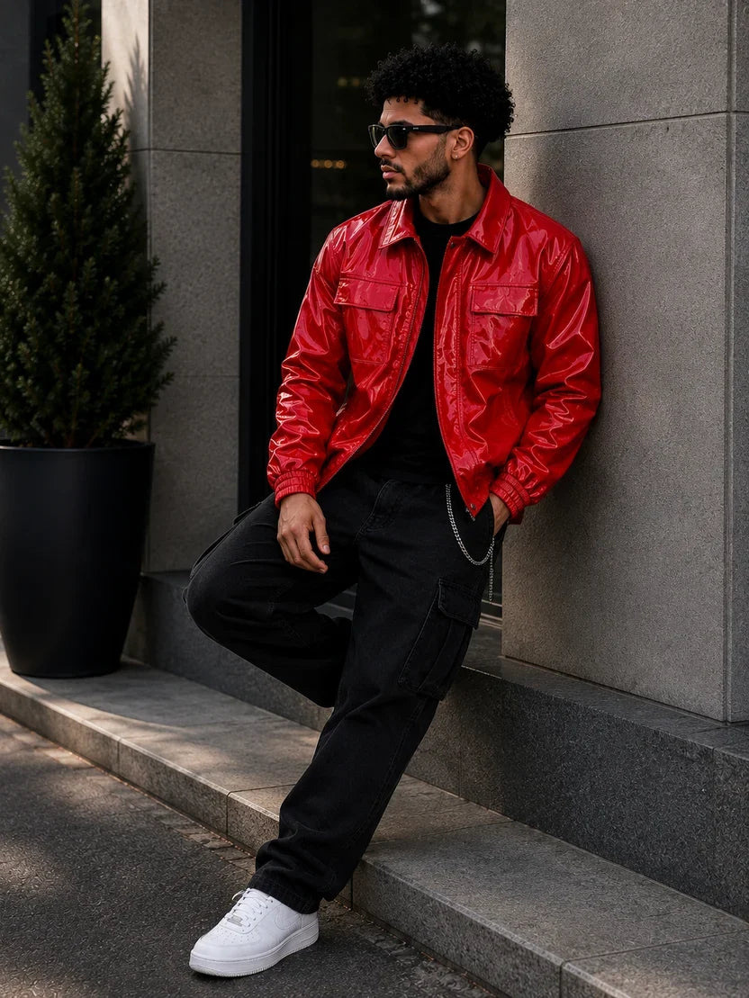 (CJ-17) Shiny Faux Leather Bomber Jacket