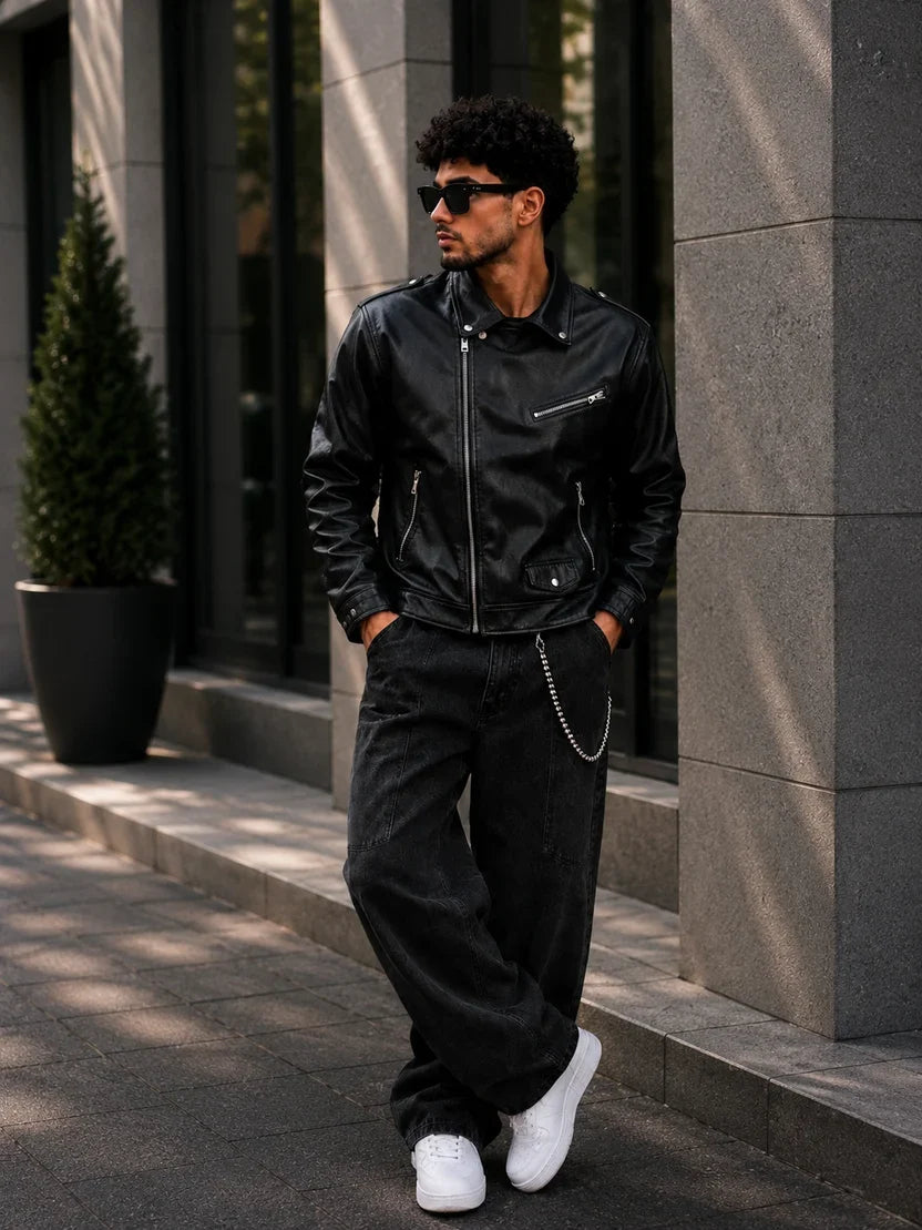 (CJ-18) Premium Black Leather Biker Jacket