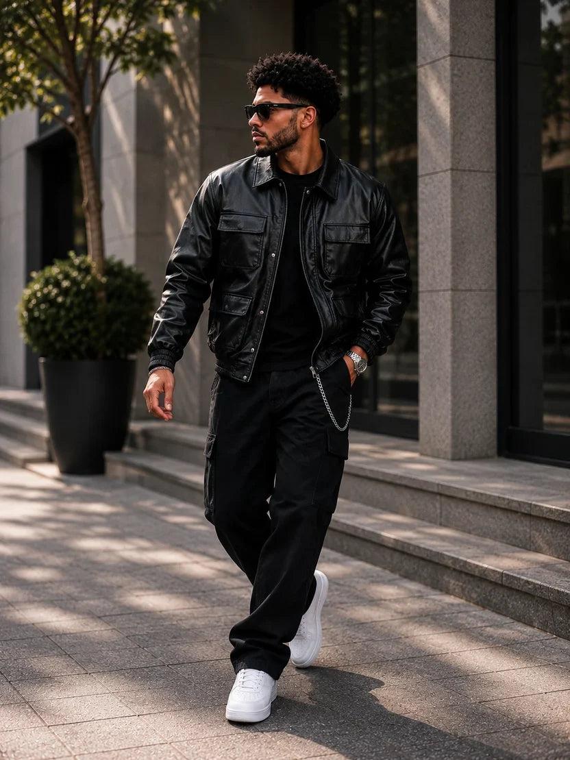 (CJ-20) Premium Black Cargo Leather Jacket