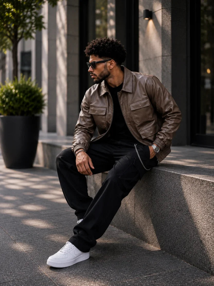 (CJ-20) Premium Black Cargo Leather Jacket