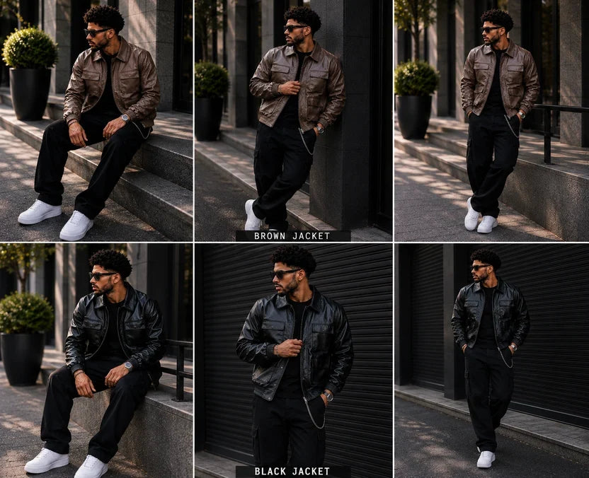 (CJ-20) Premium Black Cargo Leather Jacket