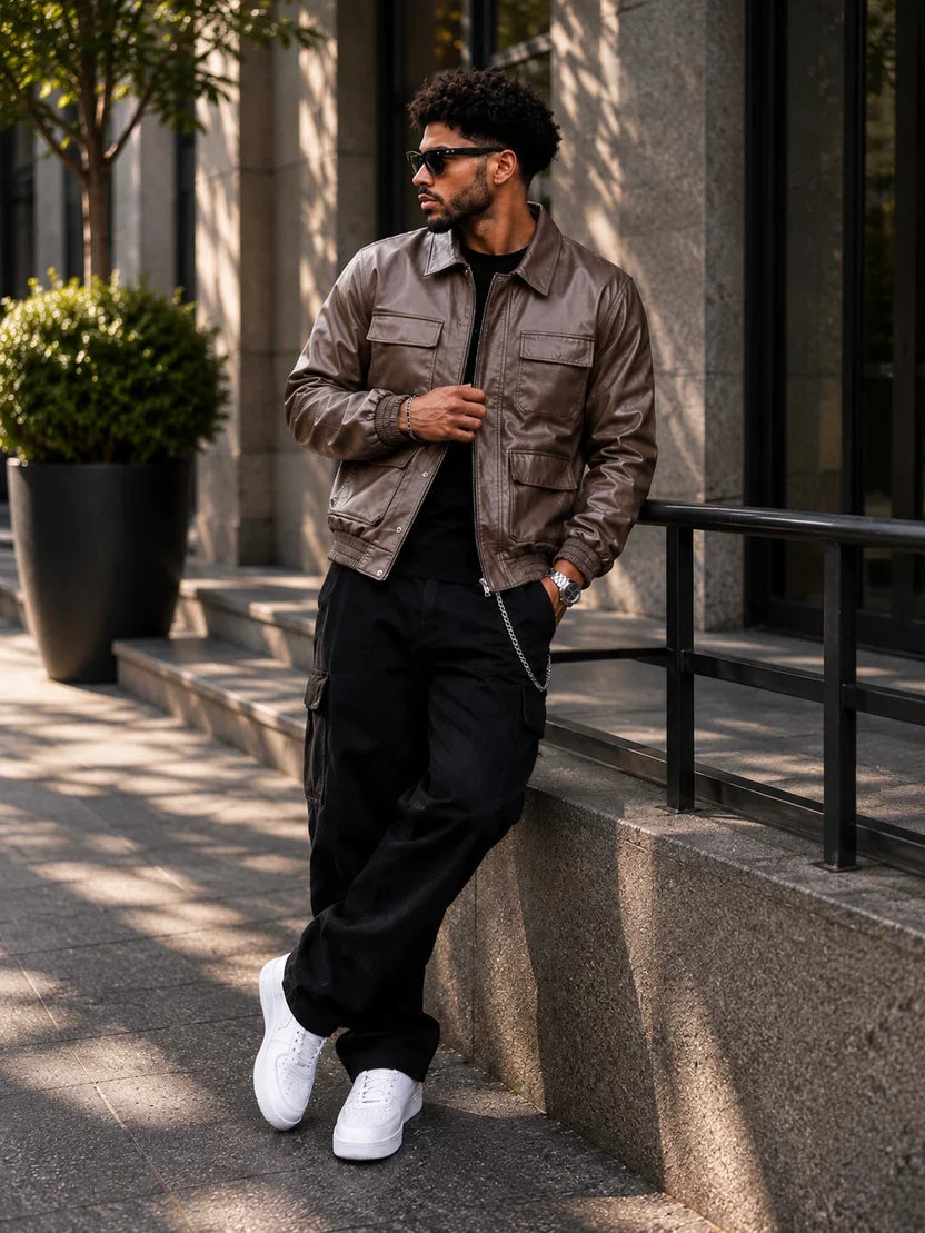 (CJ-20) Premium Black Cargo Leather Jacket