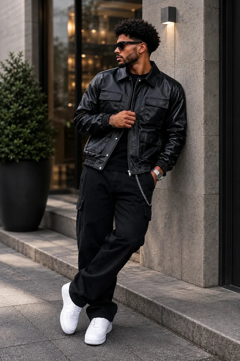 (CJ-20) Premium Black Cargo Leather Jacket