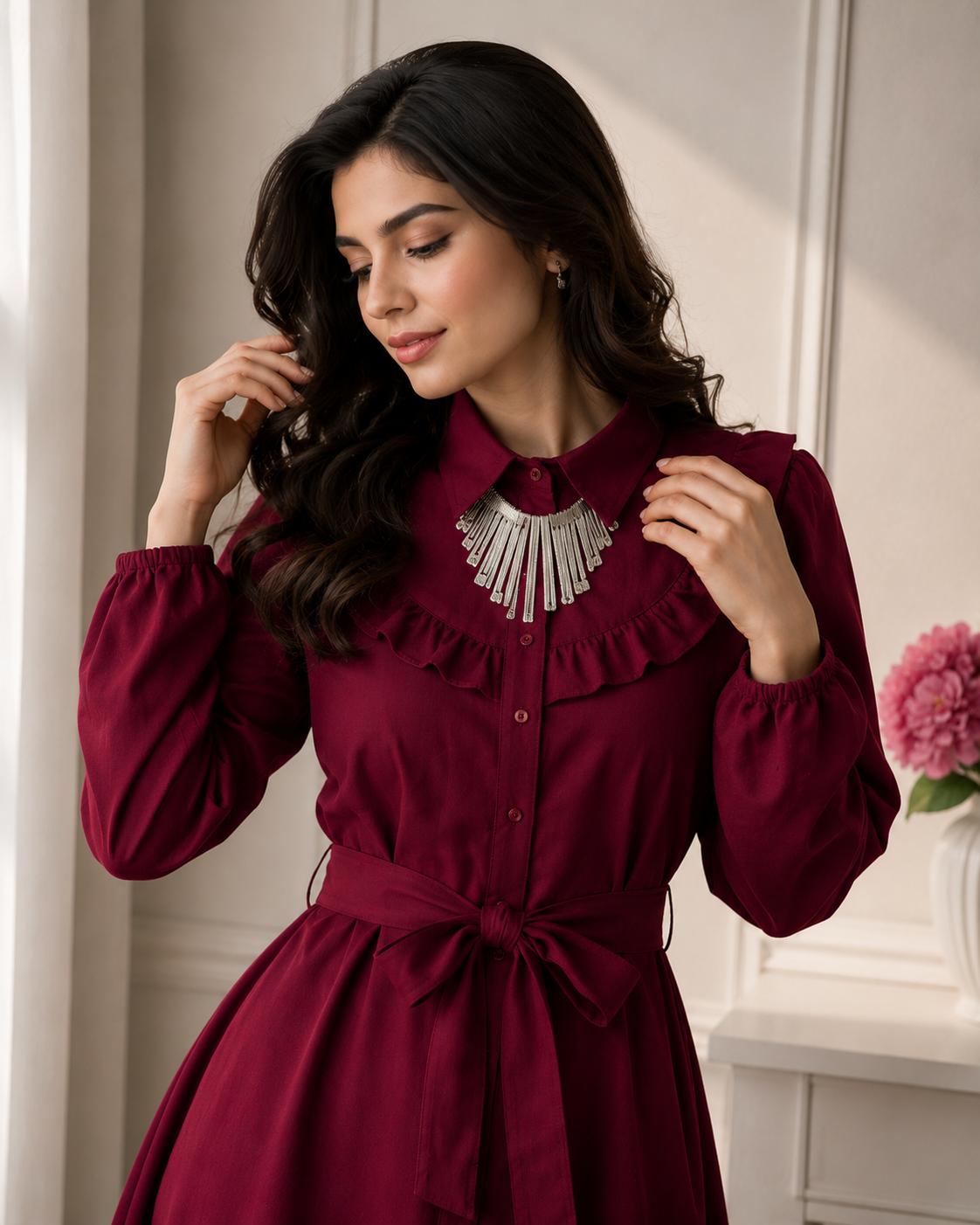 Women's Premium Ruffle Front Belted Co-Ord Set – High Low Shirt Kurti with Trouser (C-1)