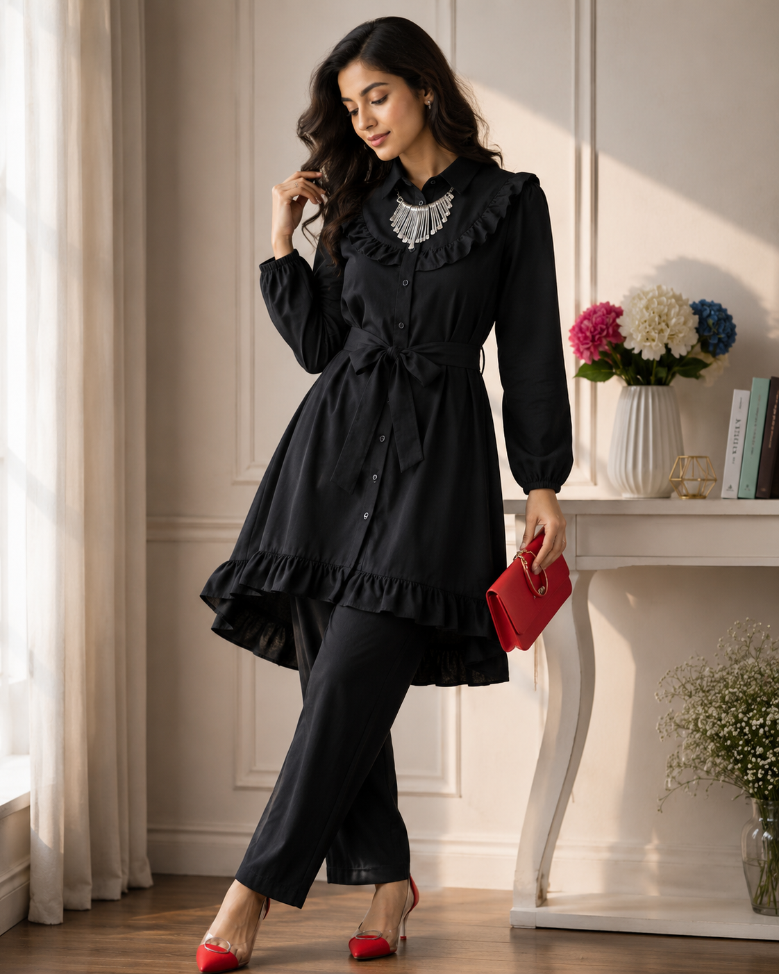 Women's Premium Ruffle Front Belted Co-Ord Set – High Low Shirt Kurti with Trouser (C-1)