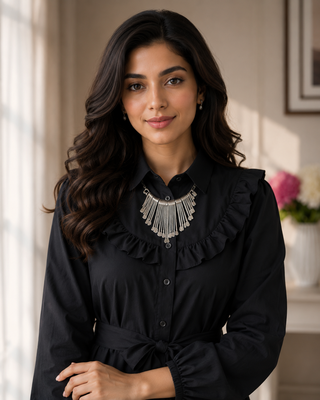 Women's Premium Ruffle Front Belted Co-Ord Set – High Low Shirt Kurti with Trouser (C-1)