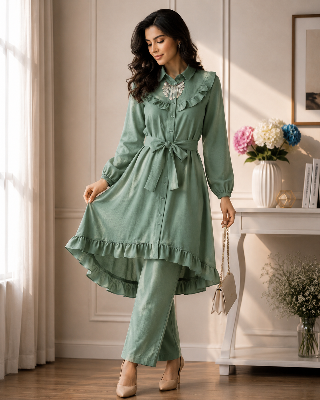 Women's Premium Ruffle Front Belted Co-Ord Set – High Low Shirt Kurti with Trouser (C-1)