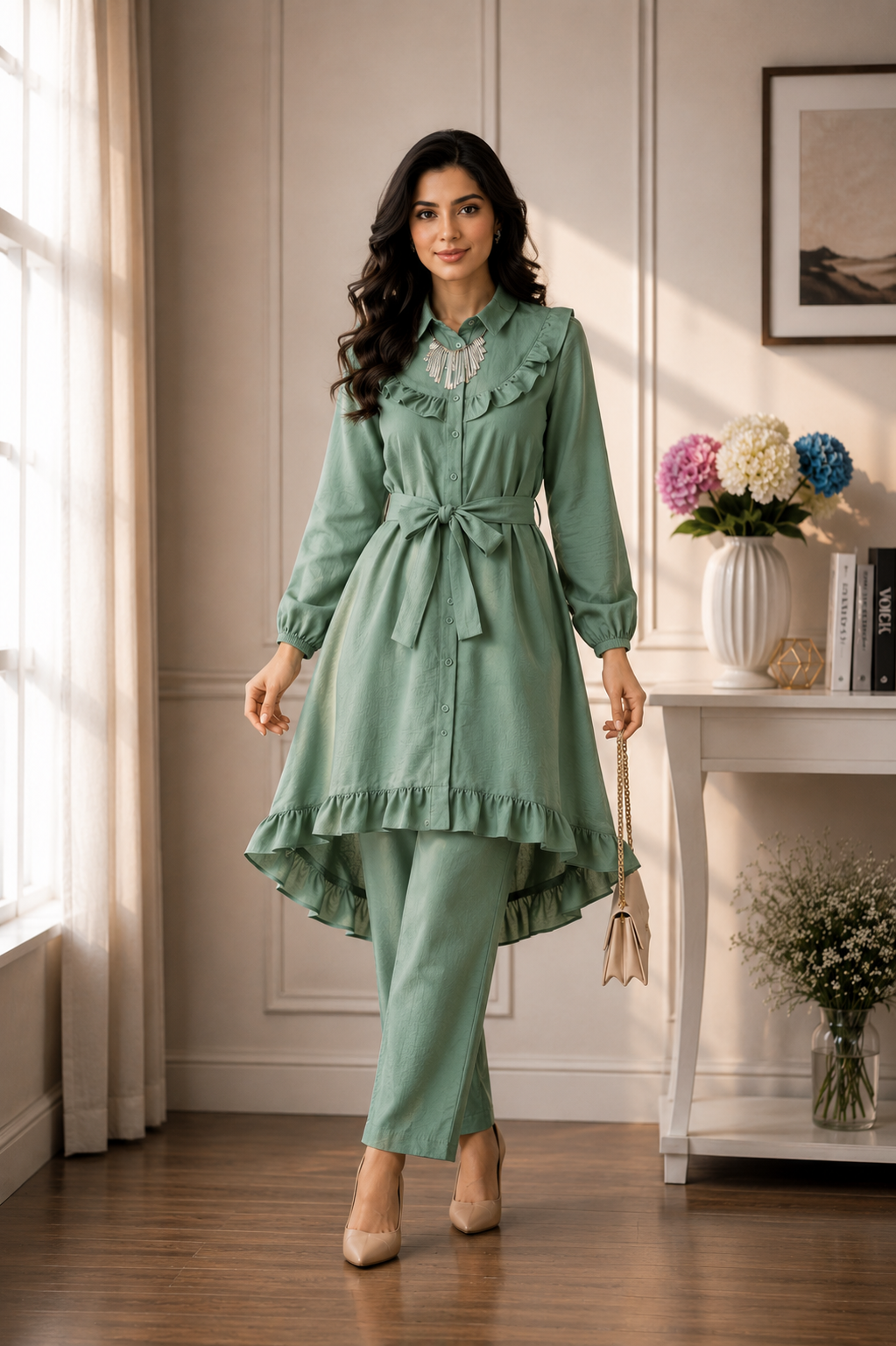 Women's Premium Ruffle Front Belted Co-Ord Set – High Low Shirt Kurti with Trouser (C-1)