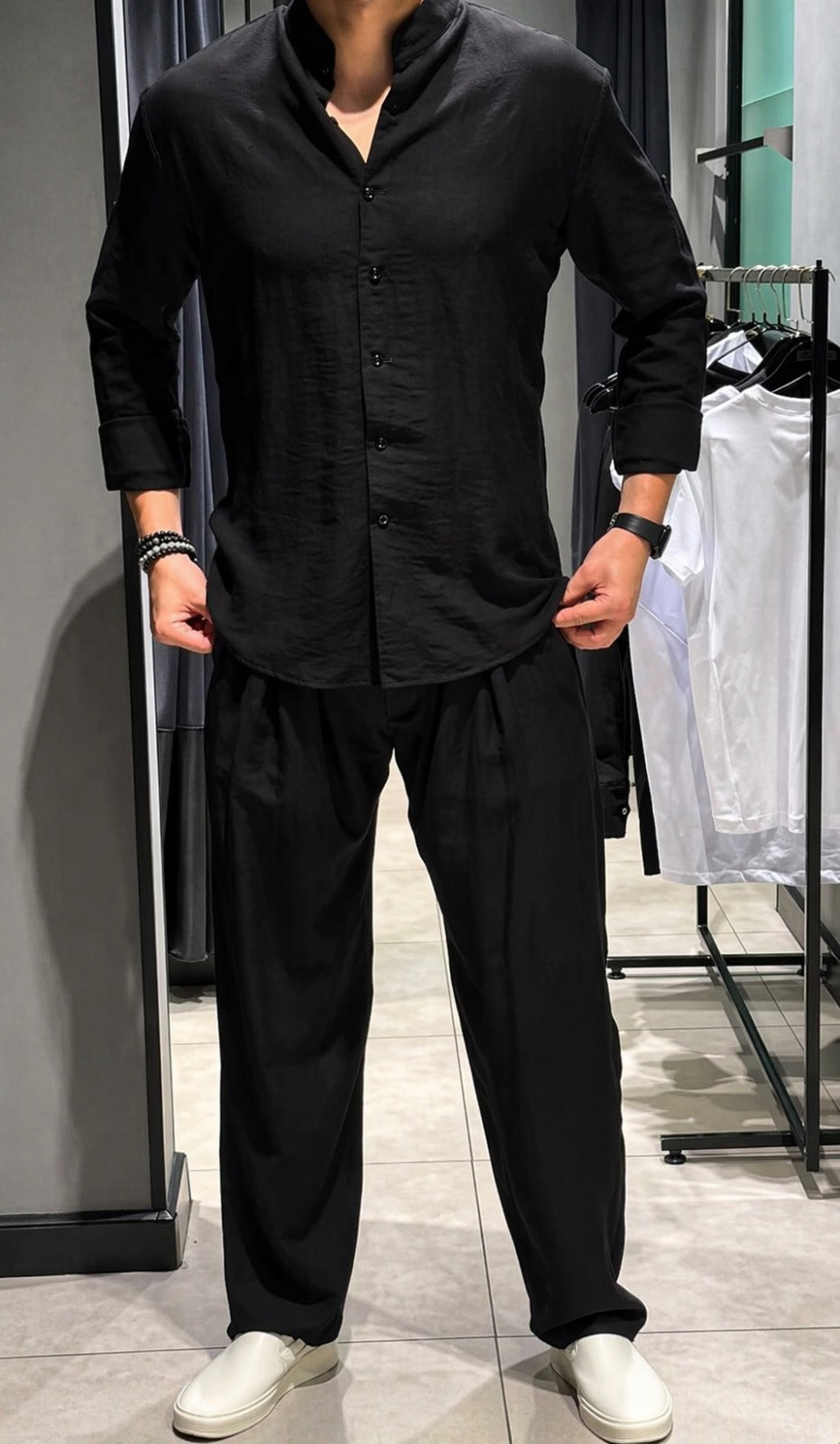 LI-91 || Shadow Luxe Men’s Co-Ord Set | Mandarin Collar Shirt & Tailored Loose Trouser