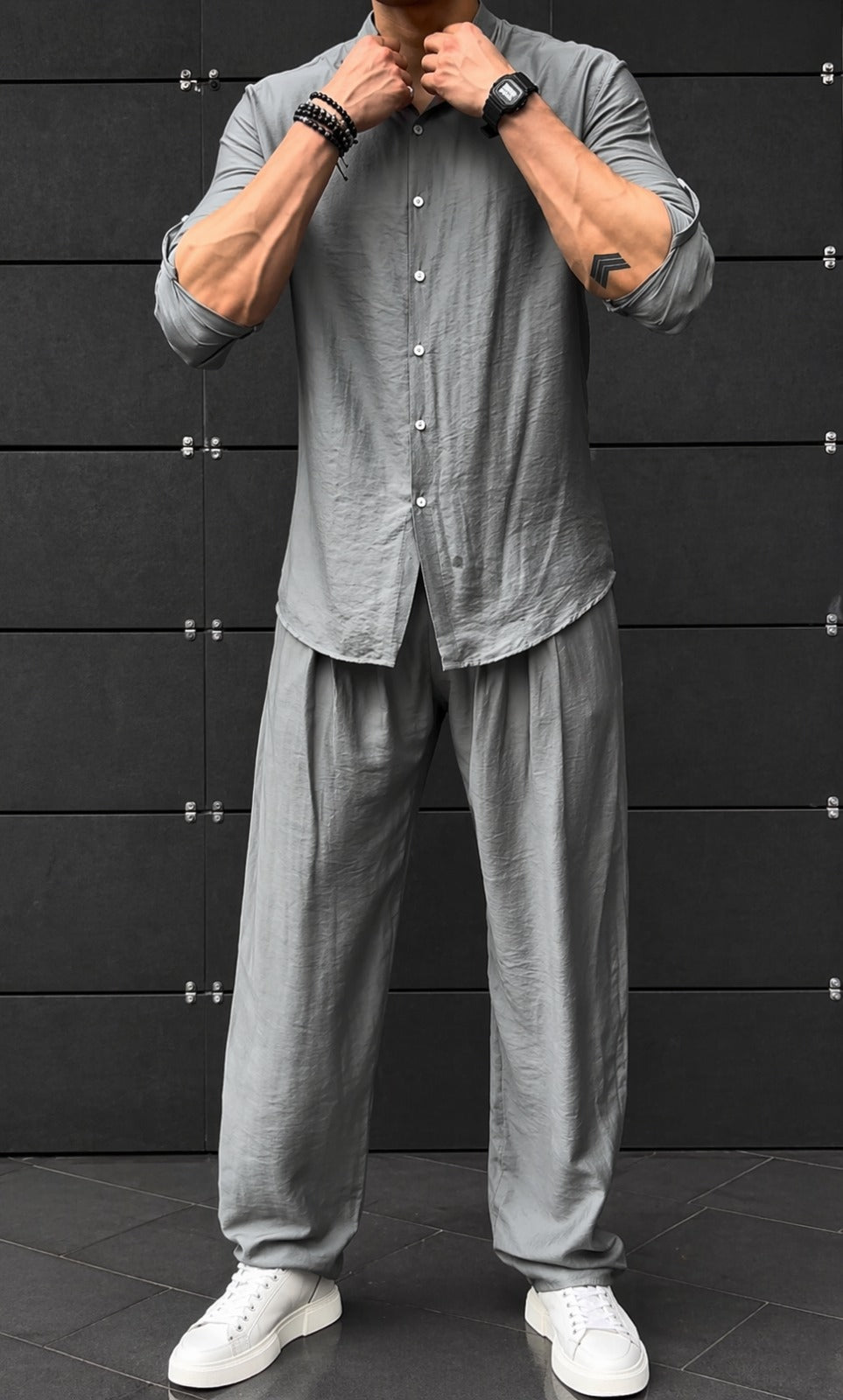 LI-91 || Shadow Luxe Men’s Co-Ord Set | Mandarin Collar Shirt & Tailored Loose Trouser