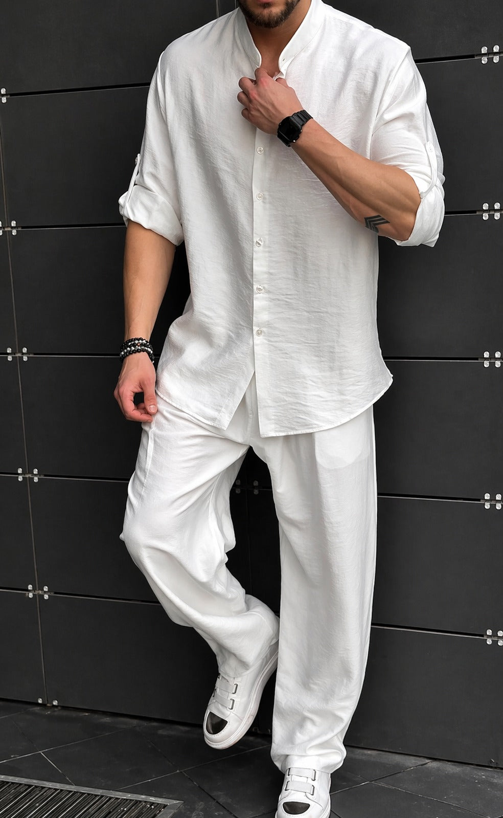 LI-91 || Shadow Luxe Men’s Co-Ord Set | Mandarin Collar Shirt & Tailored Loose Trouser
