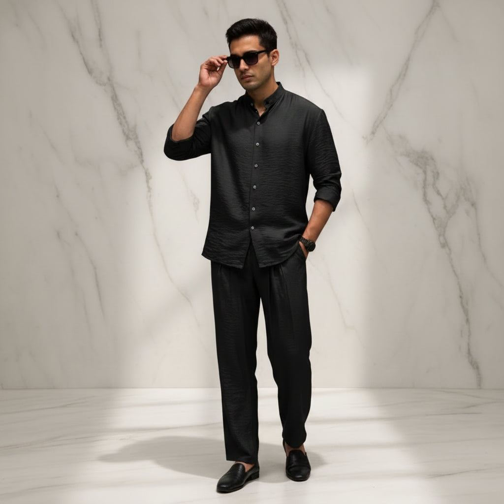 LI-91 || Shadow Luxe Men’s Co-Ord Set | Mandarin Collar Shirt & Tailored Loose Trouser
