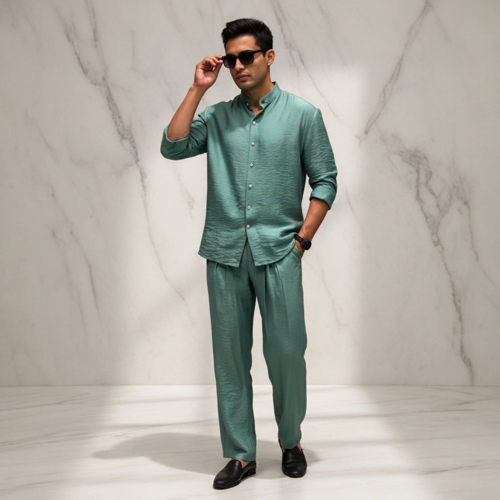LI-91 || Shadow Luxe Men’s Co-Ord Set | Mandarin Collar Shirt & Tailored Loose Trouser