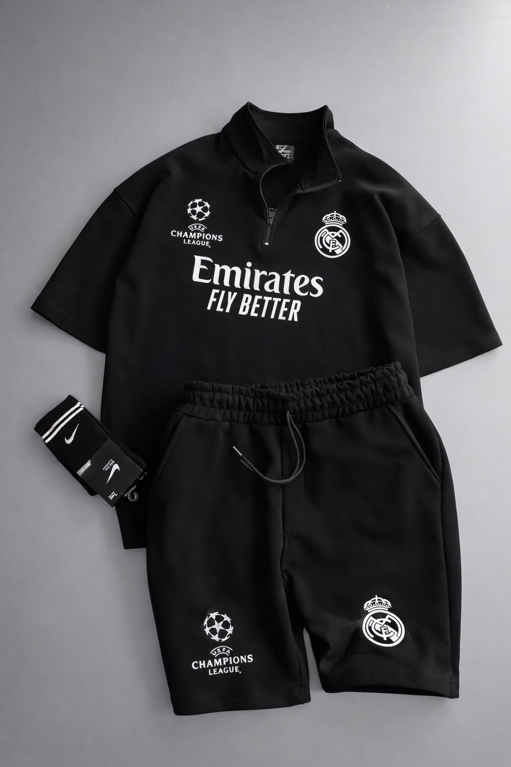 LI-86 MENS ATHLEISURE FOOTBALL INSPIRED SET – SLIM FIT HALF ZIP & SHORTS