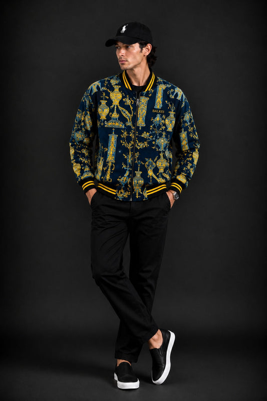(CJ-22) Luxe Royal  Vintage Motif Zipper Jacket