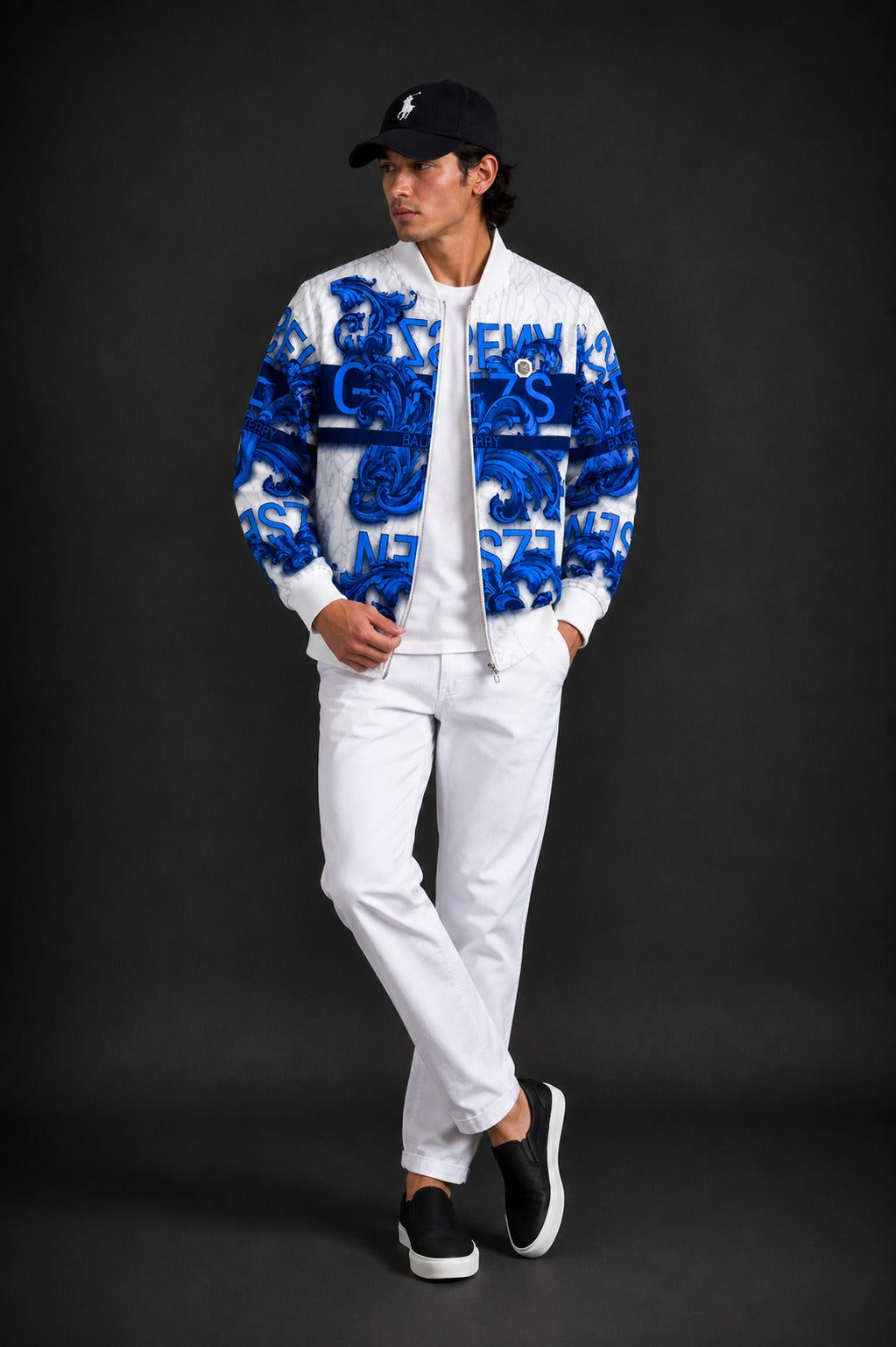 (CJ-21) Men's Royal  Baroque Printed Bomber Jacket