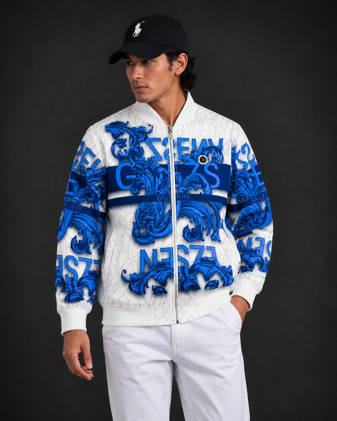 (CJ-21) Men's Royal  Baroque Printed Bomber Jacket