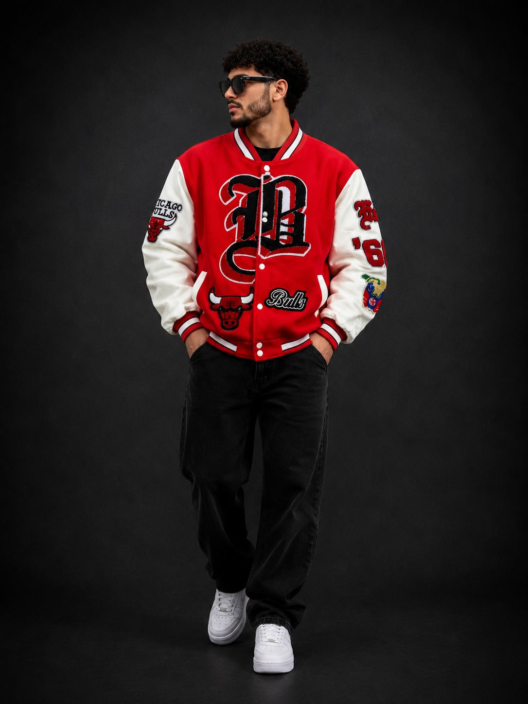 (CJ-28) Retro Bulls Varsity Letterman Jacket - Black and White