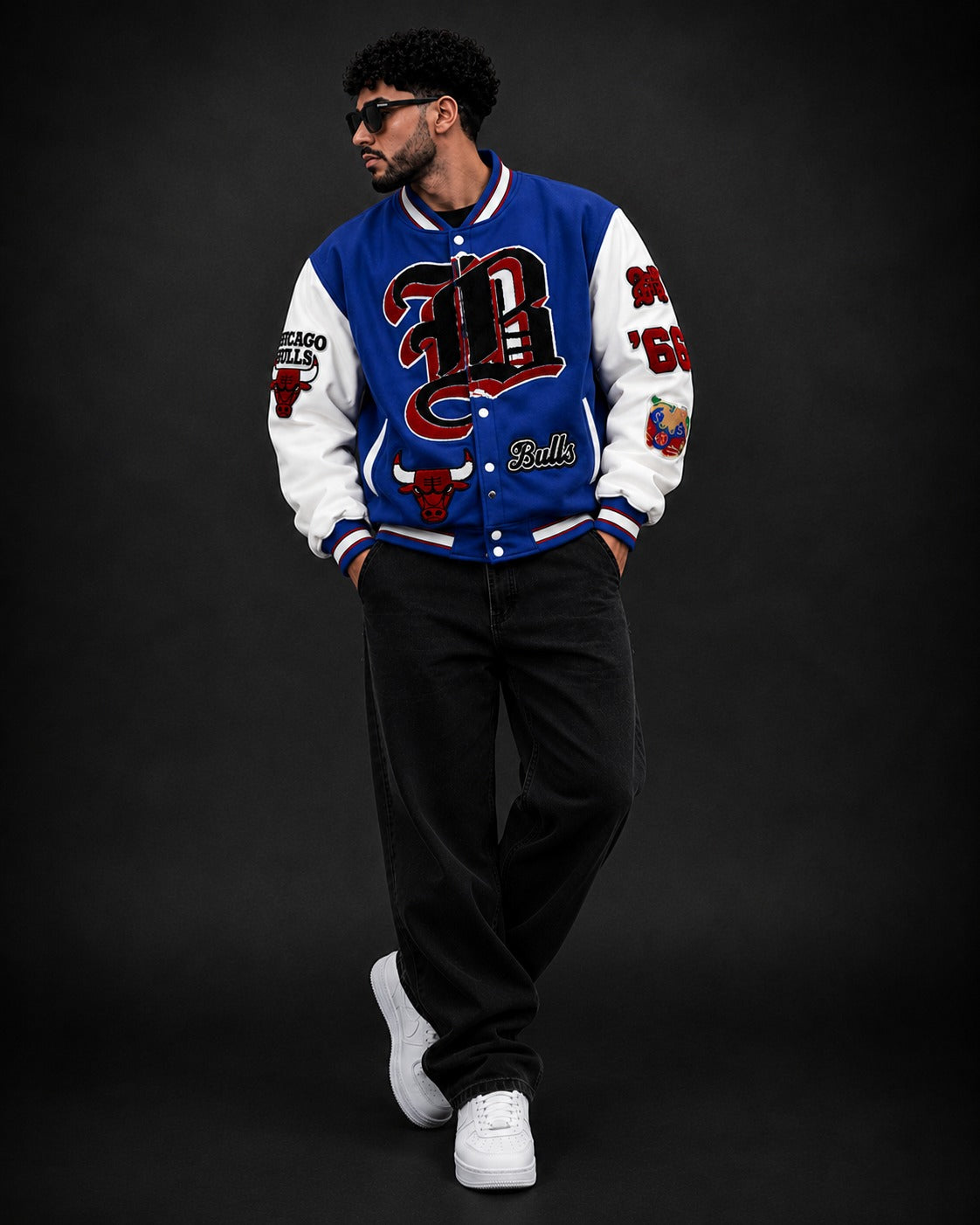 (CJ-28) Retro Bulls Varsity Letterman Jacket - Black and White