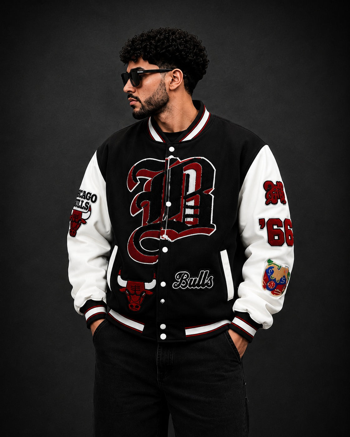 (CJ-28) Retro Bulls Varsity Letterman Jacket - Black and White