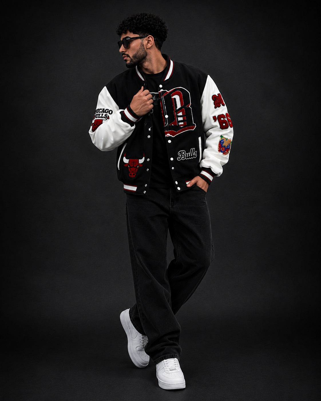 (CJ-28) Retro Bulls Varsity Letterman Jacket - Black and White