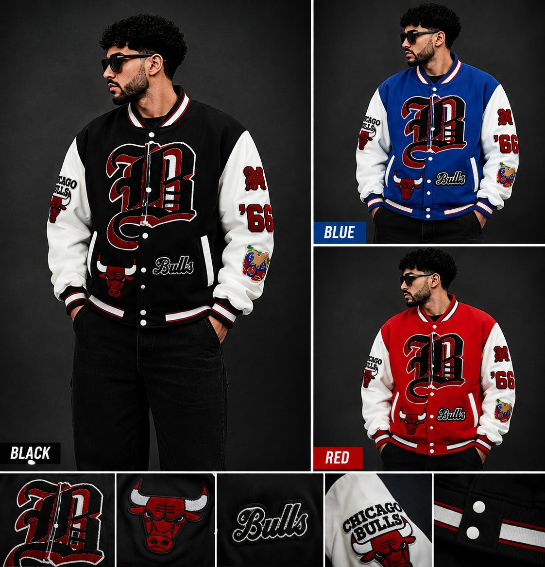 (CJ-28) Retro Bulls Varsity Letterman Jacket - Black and White